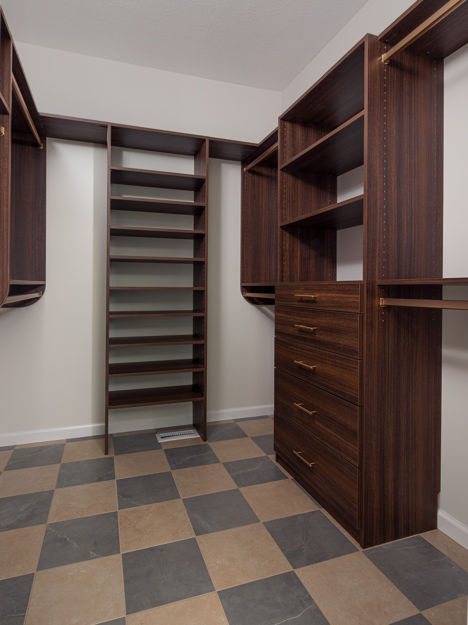 room with shelves and drawers
