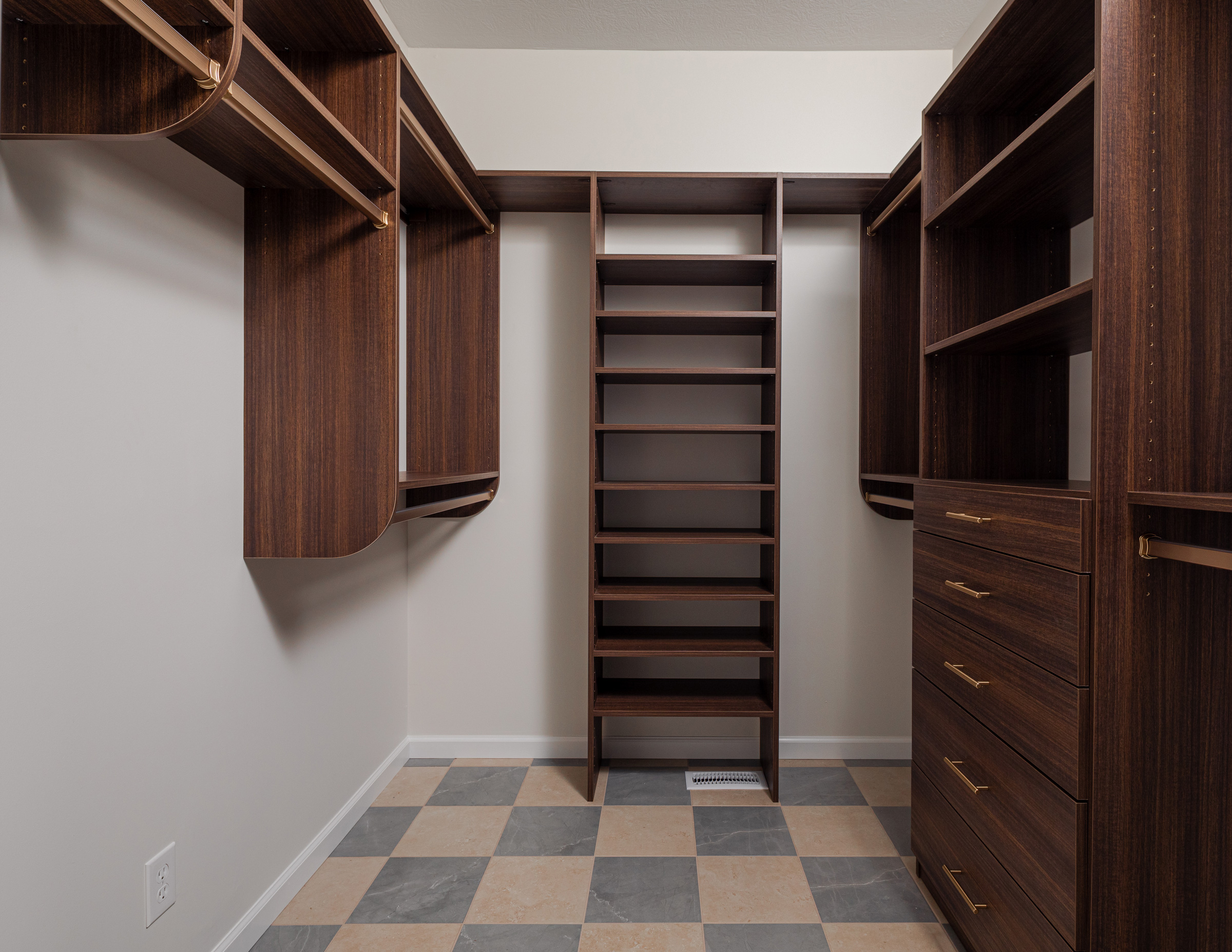 room with shelves and drawers